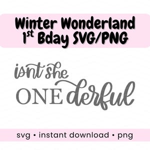 May include: A digital design with the text "Winter Wonderland 1st Bday SVG/PNG" in black on a pink background. Below, the phrase "isnt she ONE derful" is written in gray script. The bottom reads "svg • instant download • png".