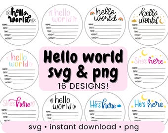 Hello world svg bundle baby stats png wooden sign svg hospital announcement newborn sign for baby boy coming soon svg design for baby sign