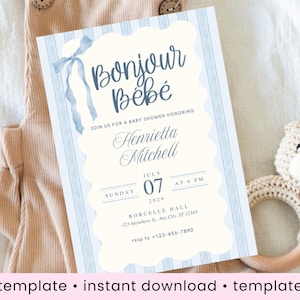 Bonjour Bebe Duscheinladung digitale Canva Vorlage süße bébé Dusche einladen Karte bearbeitbar französische Themen druckbar blau Paris Baby Streusel
