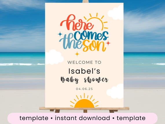 Here comes the son welcome sign baby shower editable Canva template sunshine shower digital entrance poster sun decor printable easel sign