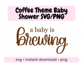 May include: A digital design for a baby shower with a coffee theme. The text "Coffee Theme Baby Shower SVG/PNG" is in black on a pink rectangle. Below, the phrase "a baby is brewing" is in brown script. Includes "svg • instant download • png".