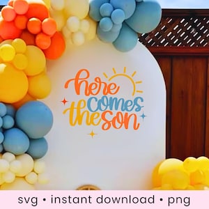 Hier komt de zoon baby douche teken sticker svg cricut muur decor zonnig thema achtergrond svg jongen Romper zwangerschap aankondiging zonneschijn baby