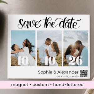 Save the date magnets with photo postcard save the date magnet wit qr code picture wedding invitation magnet customizable script savethedate