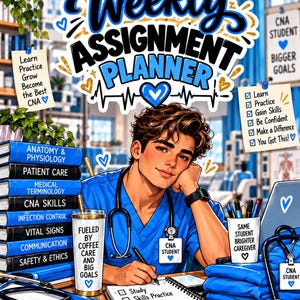 May include: A Weekly Assignment Planner cover featuring a student in blue scrubs with a stethoscope, surrounded by medical textbooks, a coffee tumbler labeled Fueled by Coffee Care and Big Goals, and checklists with motivational text for CNA students.