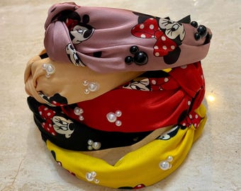 Top Knot Mickey Mouse Satin headband. lightweight. standard size. Embellished.