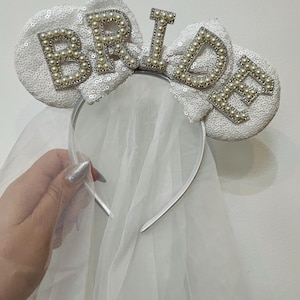 BRIDE / Just Married / Disney Honeymoon inspired Mickey / Minnie Mouse ears headband. lightweight. options. veil, no veil. CUSTOMIZED **