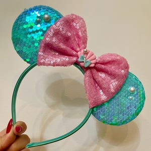 Little Mermaid inspired Mickey / Minnie Mouse ears headband and matching Adjustable/Stretch headband for another adult or child/baby.
