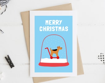Dog in Snowglobe Christmas Card, Dog on Wheels Card