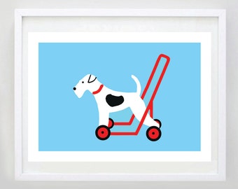 Dog on Wheels Print - Terrier on Wheels - Kids Bedroom - Wall Art - Dog Poster - Kids Room Decor - Dog Toy Print - A4 size