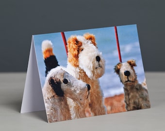 Vintage Fox Terriers on Wheels Greeting card, Wire Fox Terrier, Free UK Postage