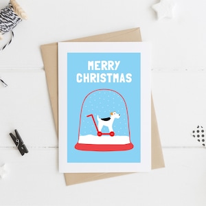 Carte de Noël Fox terrier en boule à neige, carte Chien à roulettes