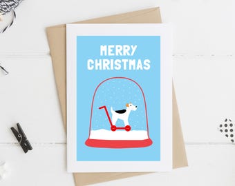 Fox Terrier in Snowglobe Christmas Card, Dog on Wheels Card