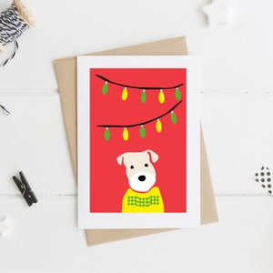 Carte de Noël terrier avec lumières, carte de Noël Fox terrier, carte de Noël chien