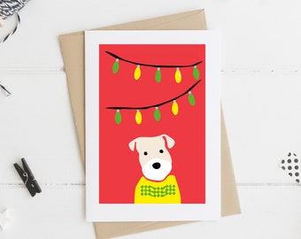 Christmas Terrier with Lights Card, Fox Terrier Christmas Card, Dog Christmas Card