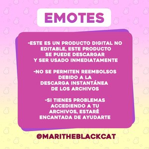 Pu&ograve; includere: Grafica rosa e bianca con il testo "EMOTES" in grandi lettere bianche. Il testo sottostante recita: "Questo &egrave; un prodotto digitale non modificabile. Questo prodotto pu&ograve; essere scaricato e utilizzato immediatamente. I rimborsi non sono consentiti a causa del download immediato dei file. Se hai problemi ad accedere ai tuoi file, sar&ograve; felice di aiutarti. @MARITHEBLACKCAT"
