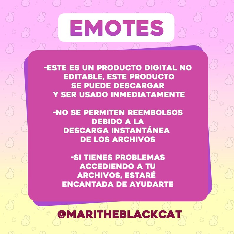 Pu&ograve; includere: Grafica rosa e bianca con il testo "EMOTES" in grandi lettere bianche. Il testo sottostante recita: "Questo &egrave; un prodotto digitale non modificabile. Questo prodotto pu&ograve; essere scaricato e utilizzato immediatamente. I rimborsi non sono consentiti a causa del download immediato dei file. Se hai problemi ad accedere ai tuoi file, sar&ograve; felice di aiutarti. @MARITHEBLACKCAT"