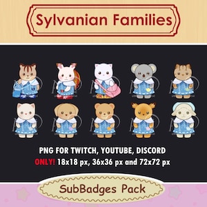 Pu&ograve; includere: Un set di nove badge di sottoscrizione di personaggi di animali dei cartoni animati per Twitch, YouTube e Discord. I badge presentano una variet&agrave; di animali, tra cui gatti, cani, conigli e un koala, tutti vestiti con abiti blu con colletti bianchi. I badge sono disponibili in tre dimensioni: 18x18 pixel, 36x36 pixel e 72x72 pixel.
