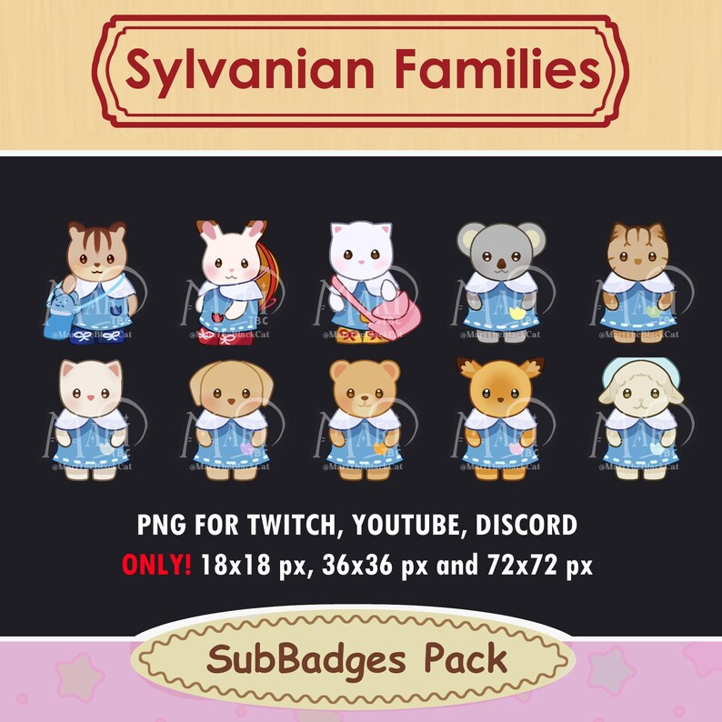 Pu&ograve; includere: Un set di nove badge di sottoscrizione di personaggi di animali dei cartoni animati per Twitch, YouTube e Discord. I badge presentano una variet&agrave; di animali, tra cui gatti, cani, conigli e un koala, tutti vestiti con abiti blu con colletti bianchi. I badge sono disponibili in tre dimensioni: 18x18 pixel, 36x36 pixel e 72x72 pixel.