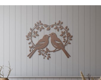 Love Birds Metal Wall Art: Branch, Hearts, Couple Decor