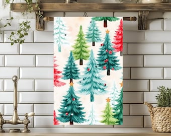 Watercolor Christmas Trees Tea Towel | Holiday Kitchen Linen