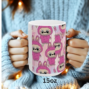 Labubu Pink Coffee Mug, Cartoon 11oz Mug, Character Coffee Cup, Labubu Cute Cup, Labubu Birthday Coffee Mug, Cute Labubu Bunny Mug