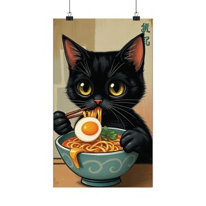 Cute Cat Noodle Poster, Vintage Cat Eating Ramen Wall Art Retro, Japanese Poster Print Unique, Kitchen Decor Noodle Lover Gift