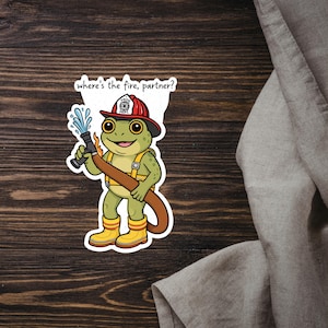 Frog Firefighter Decal, Cartoon Frog, Waterproof Laptop Sticker