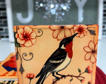 Ceramic Rooster Coasters, Mediterranean Floral Art, Drink Coaster Set