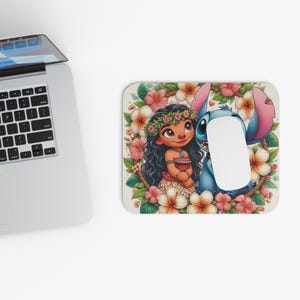 Tropical floral Mouse Pad with Stitch and Moana, Cute Desk Decor, Gift for Kids , Floral Computer Accessory, Stitch Mouse Pad