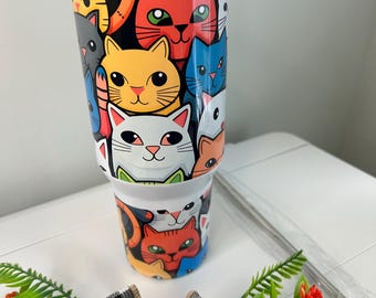 Vaso de 40 oz con diseño de gatos, taza de viaje de acero inoxidable con aislamiento