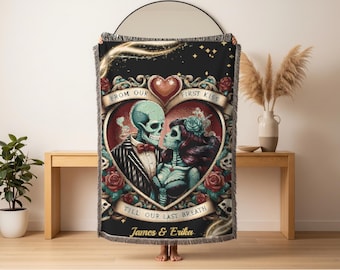 Skeleton Lovers Heart Woven Blanket, Gothic Rose Romantic Throw, Valentine's Day