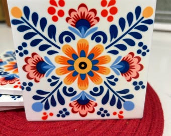 Mexican Floral Ceramic Coasters, Mediterranean Tile Art, Set of 4