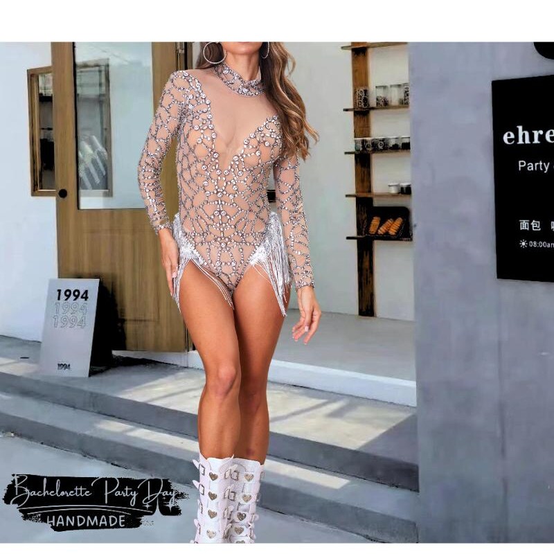 Rhinestone Fringe Black Bodysuit Jumpsuit – Tassel Sleeve