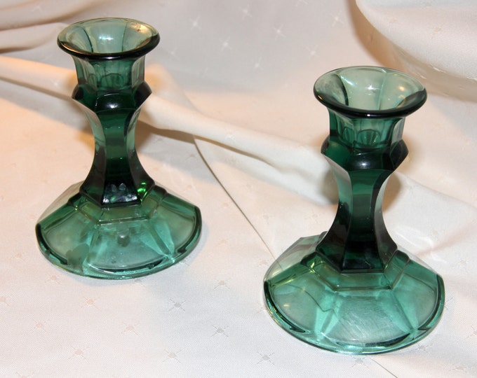Vintage Green Glass Candlesticks Etsy
