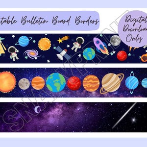 May include: Three printable bulletin board borders featuring a space theme. The first border has a dark blue background with stars, planets, a spaceship, an astronaut, and a UFO. The second border has a dark blue background with stars and planets. The third border has a dark blue background with stars and a galaxy.
