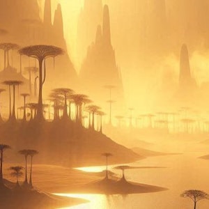 Puede incluir: Una pintura digital de un paisaje de fantasía con árboles altos y delgados y un río serpenteando a través de la escena. Los árboles están silueteados contra un cielo brillante y dorado. La escena está bañada por una luz cálida y etérea.