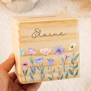 Alcancía de flores personalizada con nombre, caja de dinero de madera personalizada para niños, regalos para niñas, regalos de Pascua para bebés, regalo de baby shower