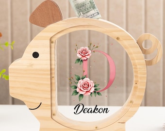 Alcancía de madera personalizada con nombre, hucha de cerdito personalizada, regalo para niñas, regalo para baby shower, regalo de cumpleaños y Navidad para niños.