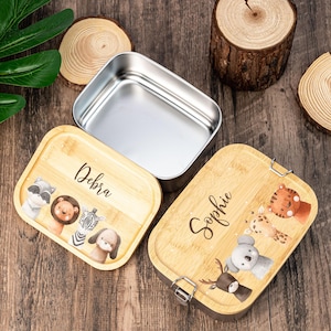 Boîte à lunch personnalisée en acier inoxydable avec nom d'enfant, cadeau de rentrée, boîte à collation pour enfant avec couvercle en bois, boîte à lunch pour bébé garçon et fille