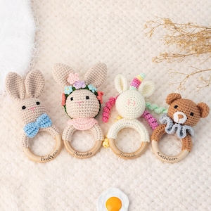 Personalized Crochet Animal Rattle, Wooden Engraved Name Baby Toy, Newborn Rattle Toy, Baby Shower Keepsake Gifts, Gift for Nephew