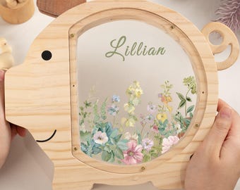 Personalized Wildflowers Piggy Bank with Name, Custom Wooden Money Box, Baby Girl Keepsake Gifts, Flower Coin Bank, Baby Shower Gifts