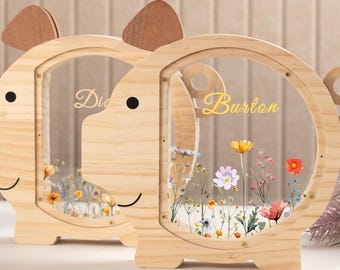 Personalized Girls Piggy Bank, Custom Name Wooden Money Box, Birthday Gifts for Kids, Flower Coin Bank, Baby Shower Gift, Nursery Decor