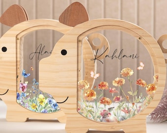 Custom Wildflower Piggy Bank with Name, Wooden Money Box for Kids, Baby Girls Gift, Montessori Savings Jar, Nursery Decor, Baby Easter Gifts