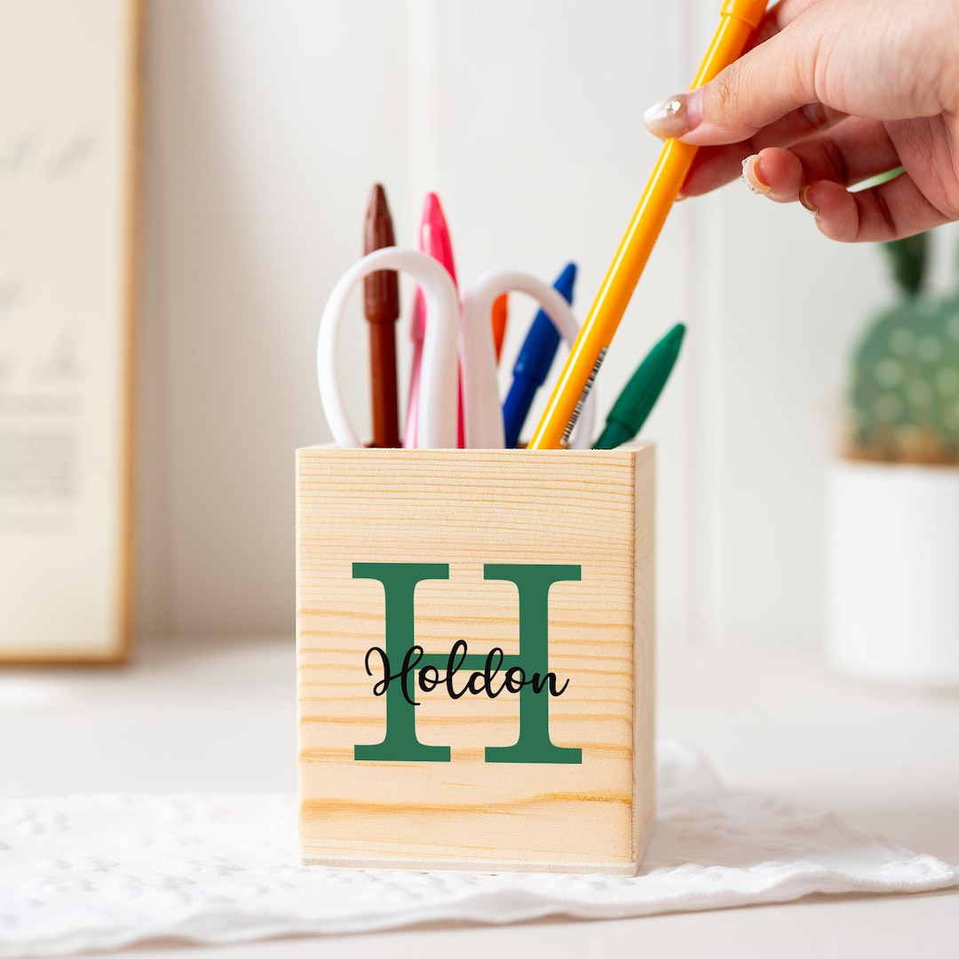 Custom Wooden Pencil Holder With Name, Personalized Letter Pencil Cup ...