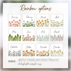 May include: A chart with 12 colorful floral illustrations representing each month of the year. The months are labeled January through December. The font used is also shown below the chart.