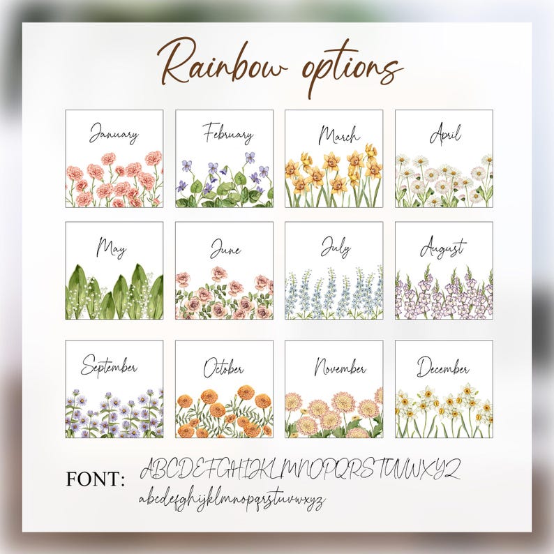 May include: A chart with 12 colorful floral illustrations representing each month of the year. The months are labeled January through December. The font used is also shown below the chart.