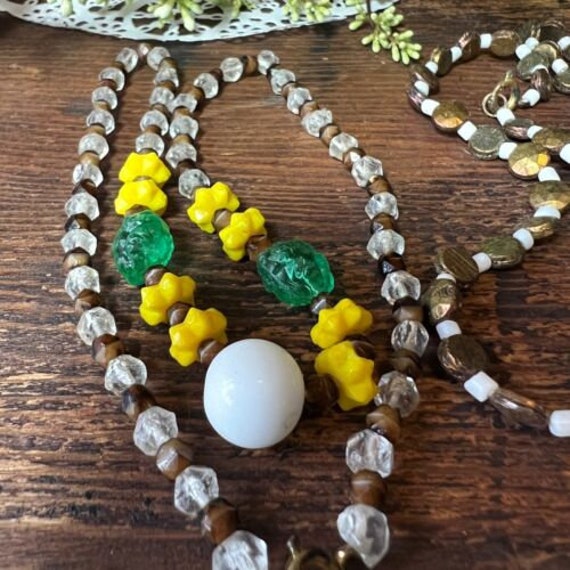 2 Vintage Mardi Gras Bead Necklaces Green Bronze … - image 4