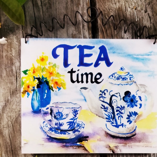 Tea Time Wood Sign  5"x6" with attached coiled wire hanger DecoWords Brand  USA New Indoor Decor Teacup  Theme