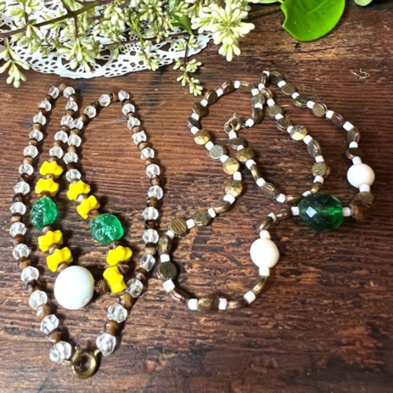 2 Vintage Mardi Gras Bead Necklaces Green Bronze … - image 1