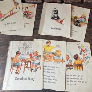 7 picture pages Vintage Dick and Jane set of 1940&#39;s picture 3 complete little stories Ephemera to frame (Set E) Authentic Vintage Imperfect